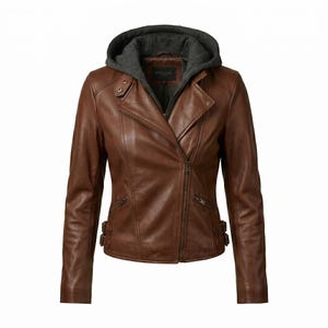 May include: A brown leather jacket with a gray hood. The jacket has a zipper closure, multiple pockets, and decorative buckles. The jacket is a classic style, suitable for various occasions.