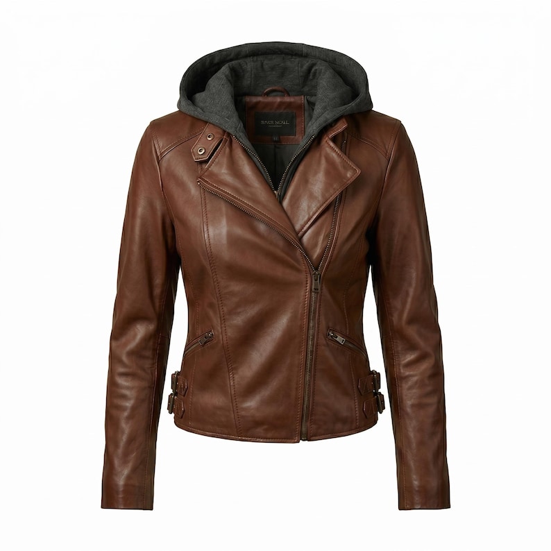 May include: A brown leather jacket with a gray hood. The jacket has a zipper closure, multiple pockets, and decorative buckles. The jacket is a classic style, suitable for various occasions.