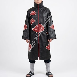 Handgjord broderad Itachi-jacka cosplay | Anime-inspirerad kappa | Akatsuki läderkappa