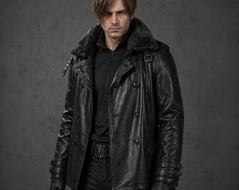 RE Requiem Leon S Kennedy Cosplay Black Leather Coat:  Resident Evil 9 Jacket | Faux Shearling Trim Cosplay Costume