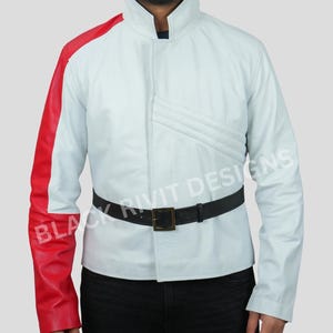 May include: A light blue jacket with a high collar, featuring a bright red panel on the right sleeve and three horizontal stitched lines on the left chest. A black belt with a rectangular buckle is worn around the waist over the jacket.