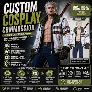 May include: A white jacket with a dark green faux fur collar and cuffs, featuring brown leather-like accents on the sleeves and a brown belt. The jacket is worn over dark blue trousers, with a long sword strapped to the back of the wearer.