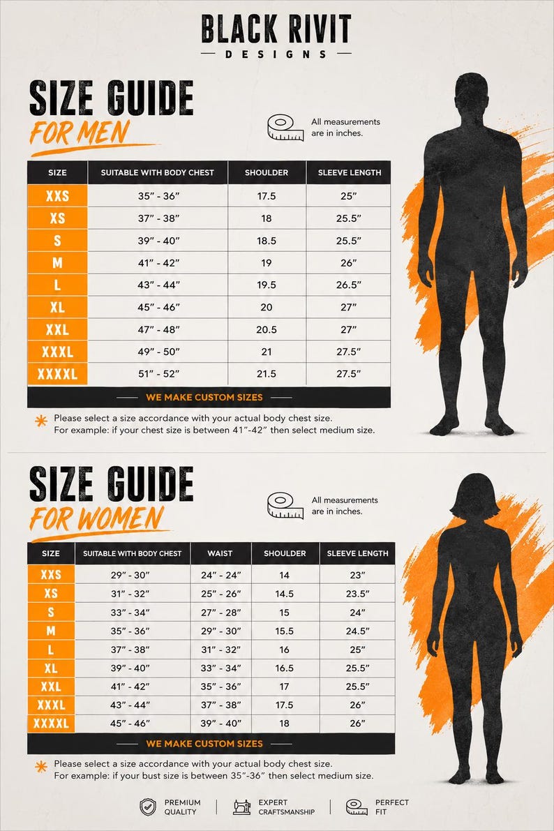 May include: Size guide for men and women with measurements in inches. Includes size charts for body chest, shoulder, and sleeve length. The image also features the Black Rivit Designs logo and silhouettes of a man and woman.