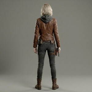 May include: A brown leather jacket with a gray hooded sweatshirt underneath, worn with dark gray jeans and brown boots. The outfit includes a utility belt with pouches and a holster. A handgun is visible.