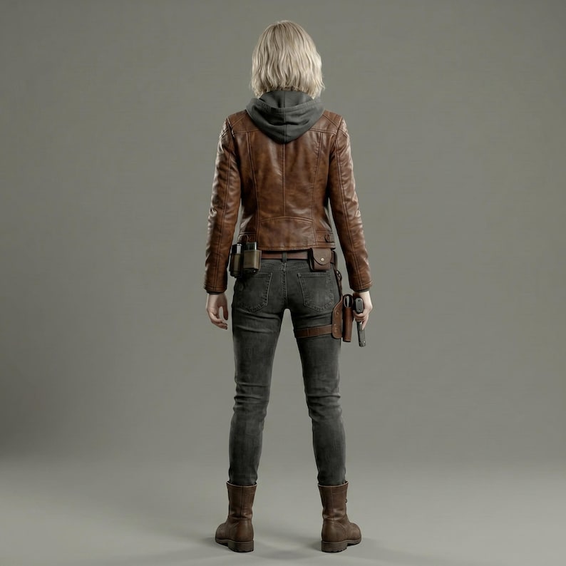 May include: A brown leather jacket with a gray hooded sweatshirt underneath, worn with dark gray jeans and brown boots. The outfit includes a utility belt with pouches and a holster. A handgun is visible.
