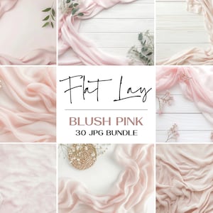 May include: A collection of 30 flat lay images featuring blush pink fabric, white wood, and delicate floral accents. The images are perfect for bloggers, social media influencers, and small businesses looking for high-quality, aesthetically pleasing photos.