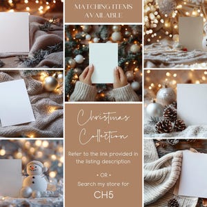 May include: A collage of images featuring blank white cards, a snowman figurine, and a knitted blanket with Christmas lights. The text "Christmas Collection" is displayed in the center of the collage. The text "Refer to the link provided in the listing description &bull; OR &bull; Search my store for CH5" is also displayed.