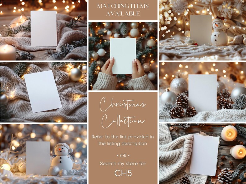 May include: A collage of images featuring blank white cards, a snowman figurine, and a knitted blanket with Christmas lights. The text "Christmas Collection" is displayed in the center of the collage. The text "Refer to the link provided in the listing description &bull; OR &bull; Search my store for CH5" is also displayed.