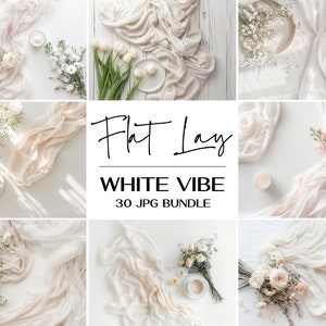 May include: A collection of 30 white flat lay images featuring white fabric, flowers, and candles. The images are perfect for bloggers, social media influencers, and businesses looking for high-quality, aesthetic photos.