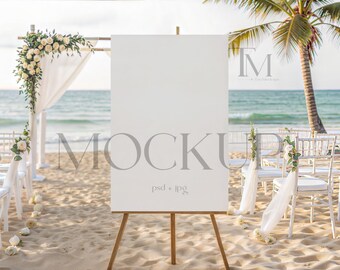 Beach Coastal 24x36 Welcome Sign Mockup – Ocean Wedding Easel Poster Display (PSD)