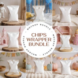 May include: A mockup bundle of white chip bags in various settings. The bags are sealed and stand upright on wooden slices, a table, and a knitted blanket. The text "CHIPS WRAPPER BUNDLE" is in the center of the image.