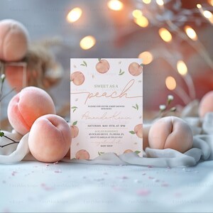 May include: A peach-themed baby shower invitation with watercolor peach illustrations and the text "Sweet as a Peach" in a pink script font. The invitation includes the name "Amanda Kevin", the date and time of the shower, the location, and RSVP information.