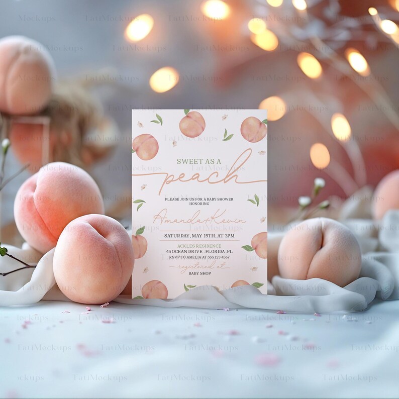 May include: A peach-themed baby shower invitation with watercolor peach illustrations and the text "Sweet as a Peach" in a pink script font. The invitation includes the name "Amanda Kevin", the date and time of the shower, the location, and RSVP information.
