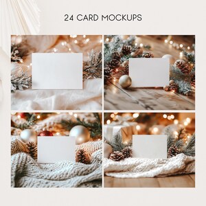 May include: Four blank white cards are displayed on different backgrounds. The first card is on a white fabric with a pine branch and lights. The second card is on a wooden surface with pine branches, pinecones, and lights. The third card is on a white knitted blanket with pine branches, pinecones, and lights. The fourth card is on a wooden surface with a white knitted blanket, pine branches, pinecones, and lights.
