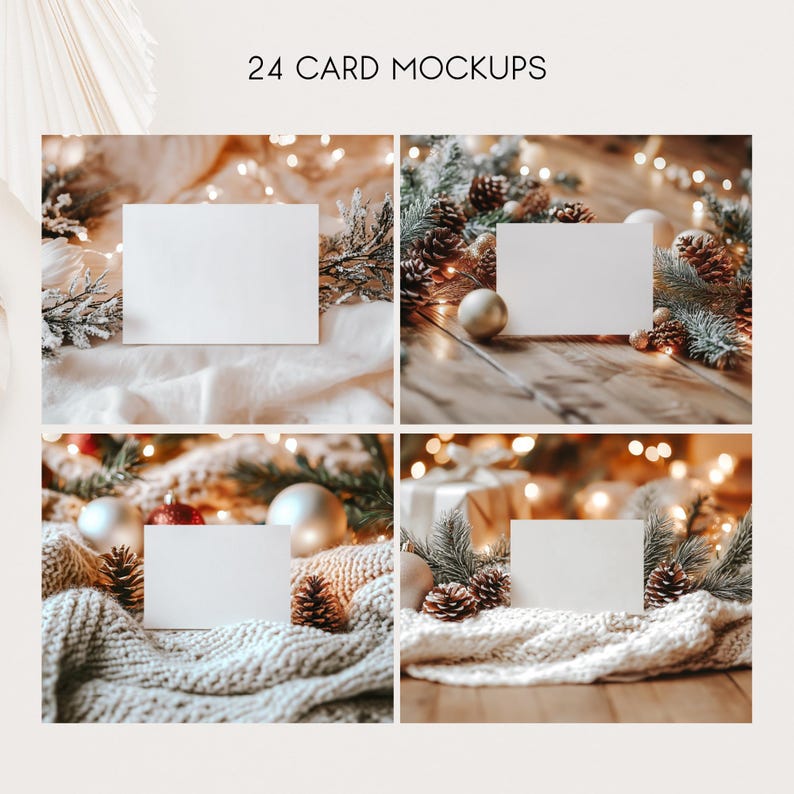 May include: Four blank white cards are displayed on different backgrounds. The first card is on a white fabric with a pine branch and lights. The second card is on a wooden surface with pine branches, pinecones, and lights. The third card is on a white knitted blanket with pine branches, pinecones, and lights. The fourth card is on a wooden surface with a white knitted blanket, pine branches, pinecones, and lights.