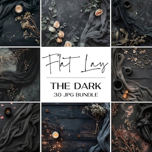 以下が含まれることがあります： 黒の布、ろうそく、花、その他の装飾的な要素を特徴とする、30枚の暗くてムードのあるフラットレイ画像のコレクション。これらの画像は、ブロガー、ソーシャルメディアインフルエンサー、そして美しくスタイリッシュなフラットレイを作成したいすべての人に最適です。