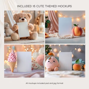 May include: Four mockups of blank cards in different settings. The first mockup shows a teddy bear holding a card in front of a pink and white tent. The second mockup shows a card standing upright on a white surface with a peach and string lights in the background. The third mockup shows a card in front of a pink ice cream cone and a pink fuzzy ball. The fourth mockup shows a card in front of a peach-shaped plush toy with a happy face.
