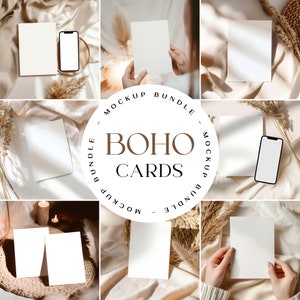 Pacote de mockup de cartão Boho, pacote de mockup de cartão de felicitações neutro, mockup de convite de casamento, mockups de papelaria de casamento, pacote de mockups de cartão 5x7