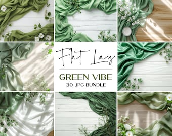 Green Flat Lay Mockup Bundle, Product Photography Backdrop (30 JPG files)
