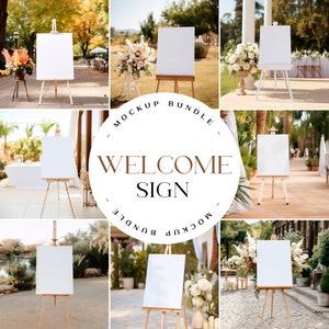May include: A set of nine blank welcome sign mockups featuring wooden easels and white canvases. The mockups are set in various outdoor locations, including a garden, a patio, and a walkway. The mockups are perfect for showcasing wedding, event, or other signage.