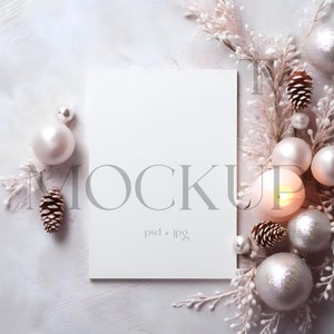 5x7 Christmas Card Mockup, Holiday Ornament Scene (PSD & JPG)