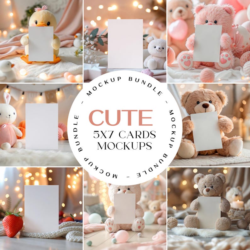 May include: A mockup bundle of 5x7 cards featuring cute stuffed animals and a variety of backgrounds. The cards are blank and ready for your design.