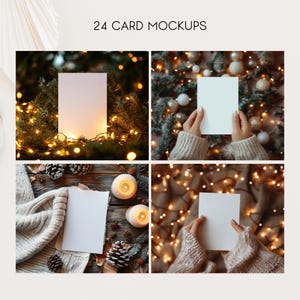 May include: Four mockups of blank white cards in different holiday settings. The first shows a card on a table with a green garland and white lights. The second shows a card held by hands wearing a white sweater against a background of green branches and white lights. The third shows a card on a wooden table with a white sweater, pine branches, and candles. The fourth shows a card held by hands wearing a white sweater against a background of white lights.