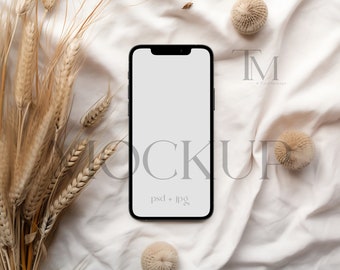 Maqueta de pantalla de teléfono bohemia, maqueta de invitación para iPhone (PSD, JPG)