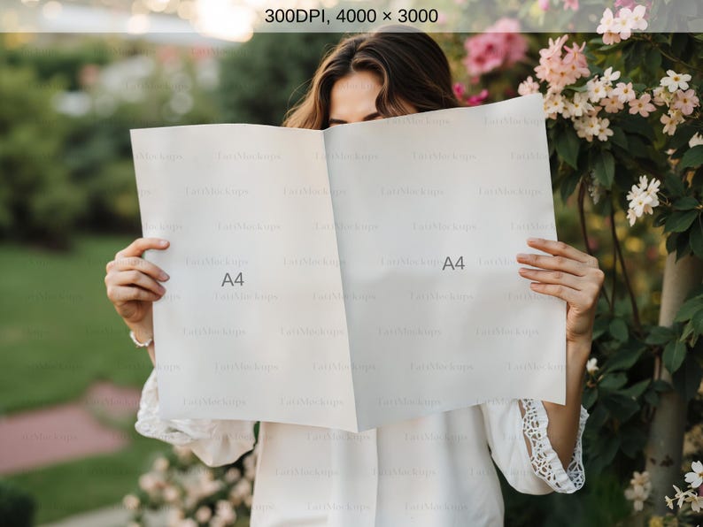May include: A woman holds a blank sheet of paper in front of her face. The paper is folded in half and has the text "A4" printed on both sides. The woman is standing in front of a bush of pink flowers.