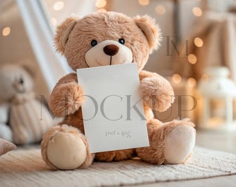Teddy Bear Invite Card Mockup, 5x7 Baby Shower, Birthday (PSD, JPG)