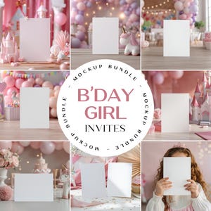 Pacote de mockups de cartões de aniversário, Pacote de mockups de convites femininos 5x7, mockups de cartões comemorativos, mockups de convites rosa 5x7, mockups de cartões em branco em PSD