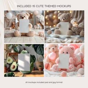 May include: Four mockups featuring a teddy bear, a pink teddy bear, and an avocado holding a blank white card. The mockups are set against a variety of backgrounds, including a plush rug, a green plant, and a pink and white balloon.