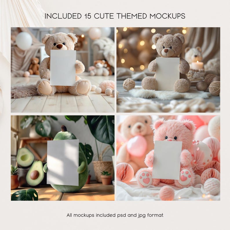 May include: Four mockups featuring a teddy bear, a pink teddy bear, and an avocado holding a blank white card. The mockups are set against a variety of backgrounds, including a plush rug, a green plant, and a pink and white balloon.