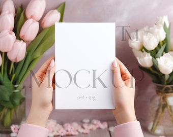 Spring Floral Card Mockup, Card In Hand Mockup, Greeting Card Mockup With Hands, Card Mockup In Hand, 5x7 Invites Mockup , Floral Card Mock