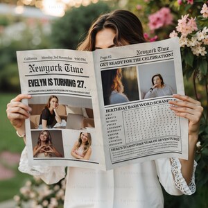 May include: A woman holds a newspaper with the headline "Newyork Time" and the text "Evelyn is turning 27." The newspaper has a birthday bash word scramble game and a photo of a woman.
