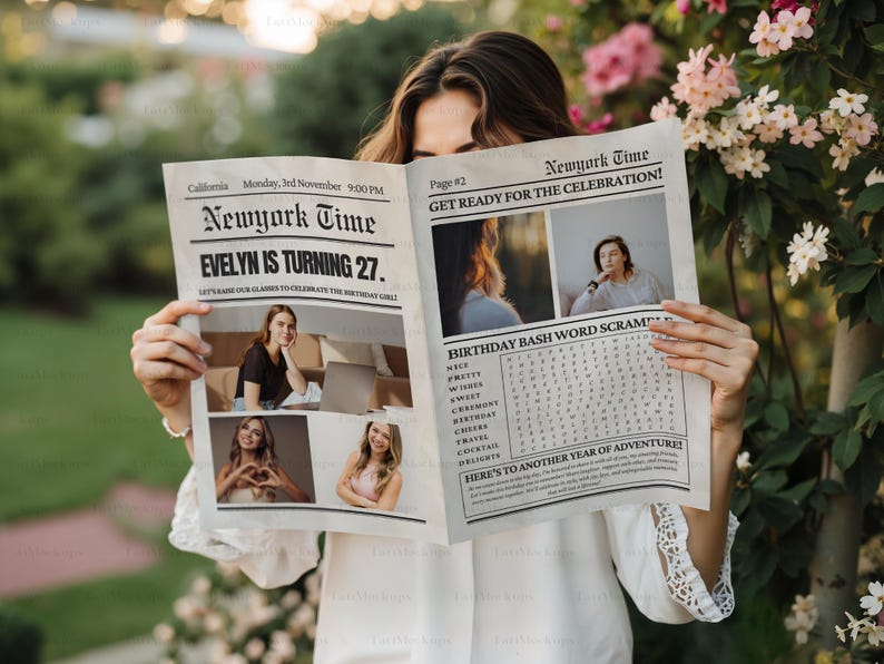 May include: A woman holds a newspaper with the headline "Newyork Time" and the text "Evelyn is turning 27." The newspaper has a birthday bash word scramble game and a photo of a woman.