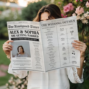 May include: A mock newspaper announcement for a wedding with the headline "The Newlywed Times" and the text "Alex & Sophia are getting married." The announcement includes a wedding ceremony schedule with details like "Seating of the Grandparents", "Exchange of Vows", and "First Dance".