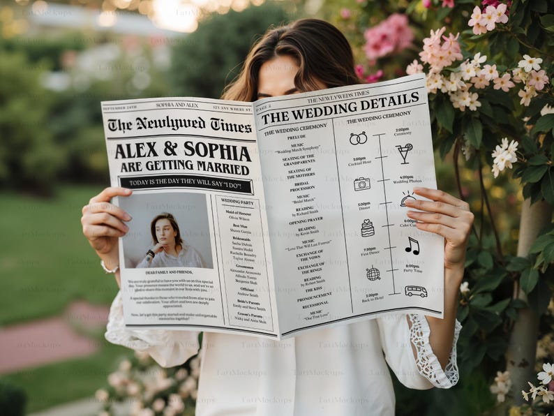 May include: A mock newspaper announcement for a wedding with the headline "The Newlywed Times" and the text "Alex & Sophia are getting married." The announcement includes a wedding ceremony schedule with details like "Seating of the Grandparents", "Exchange of Vows", and "First Dance".