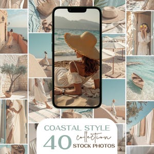 May include: A collection of coastal-themed stock photos. The central image on a phone shows a woman in a white dress and a large sun hat on a beach. Other images include beach scenes, architecture, and people in white clothing.