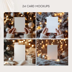 May include: Four mockups of blank white greeting cards in a Christmas setting. The cards are displayed in different ways, including being held by hands, standing on a table, and leaning against a Christmas tree. The background features a Christmas tree with lights, ornaments, and a fuzzy white blanket.