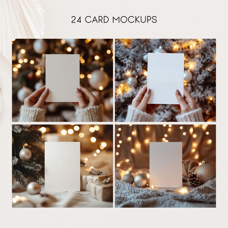 May include: Four mockups of blank white greeting cards in a Christmas setting. The cards are displayed in different ways, including being held by hands, standing on a table, and leaning against a Christmas tree. The background features a Christmas tree with lights, ornaments, and a fuzzy white blanket.