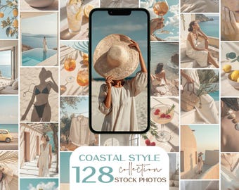 Puede incluir: Un collage de fotos de stock de temática costera en una paleta de colores cálidos y neutros. Las imágenes incluyen una mujer con sombrero de paja, cócteles, limones, escenas de playa y el texto "COASTAL STYLE COLLECTION 128 STOCK PHOTOS."