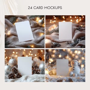 May include: Four white blank cards on a wintery background with string lights, ornaments, and a snowman.  The cards are perfect for mockups.