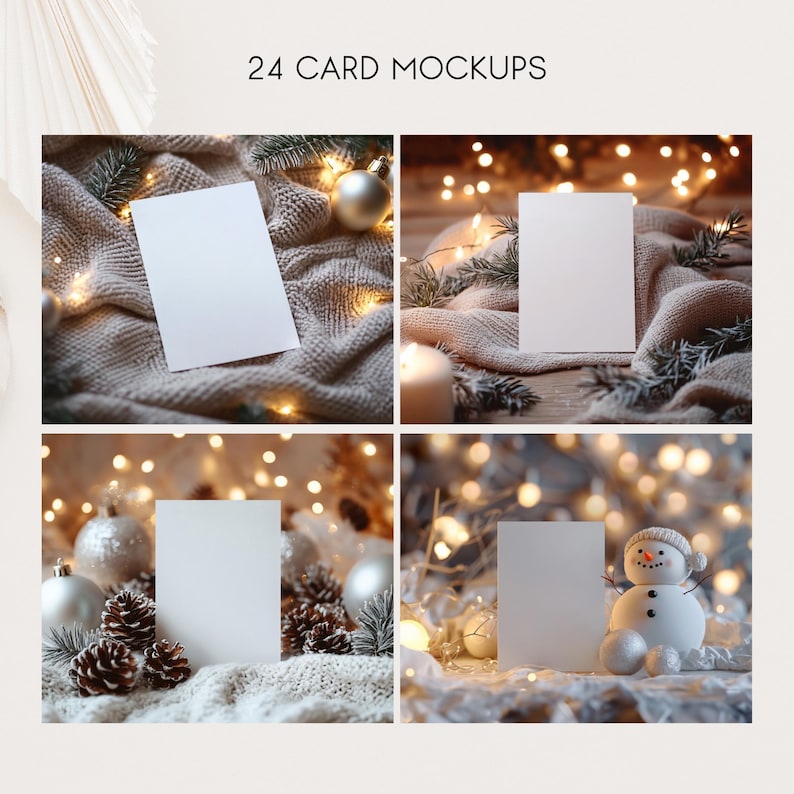 May include: Four white blank cards on a wintery background with string lights, ornaments, and a snowman.  The cards are perfect for mockups.