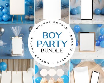 Junge Mockups Bundle, Geburtstags-Mockups Bundle für Jungen, Blaues Babyparty Zeichen Mockup, Party 5x7 Karten Mockup, Event Dekor Mockups PSD