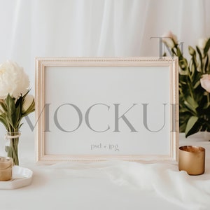 Boho Hochzeit 7x5 Tischschild Mockup, Brautparty Horizontales Schild Kartenmodell, gerahmtes Schild Kartenmodell, bearbeitbares 7x5 Rahmenschild Mockup
