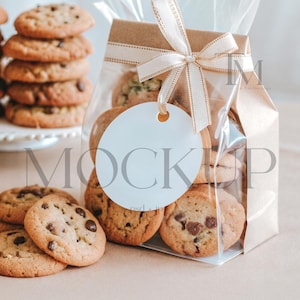 May include: A clear plastic bag filled with chocolate chip cookies tied with a brown and beige ribbon and a white circular tag with the word "MOCKUP" printed on it. The bag is sitting on a brown surface next to a plate of cookies.