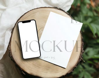5x7 Card and Phone Mockup, Boho Wedding Invitation Display (PSD & JPG)