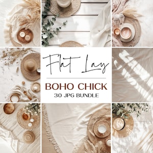 Könnte beinhalten: Eine Sammlung von 30 Flatlay-Bildern mit einem Boho-Chic-Look. Die Bilder zeigen verschiedene Texturen, Farben und Objekte wie geflochtene Körbe, Hüte, Kerzen und Grünpflanzen. Die Bilder eignen sich perfekt für die Verwendung in sozialen Medien, Blogs oder auf Websites.