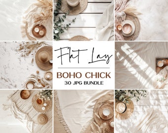 Boho Table Flat Lay Mockup Bundle, Stock Photo Template (30 JPG)